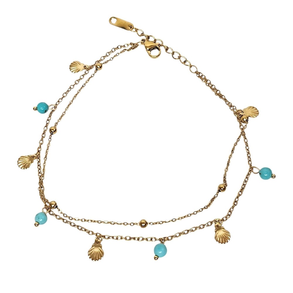 Bohemian Ankle Bracelet Shell Charms Turquoise Beads‎ Gold Toned Coastal Beachy